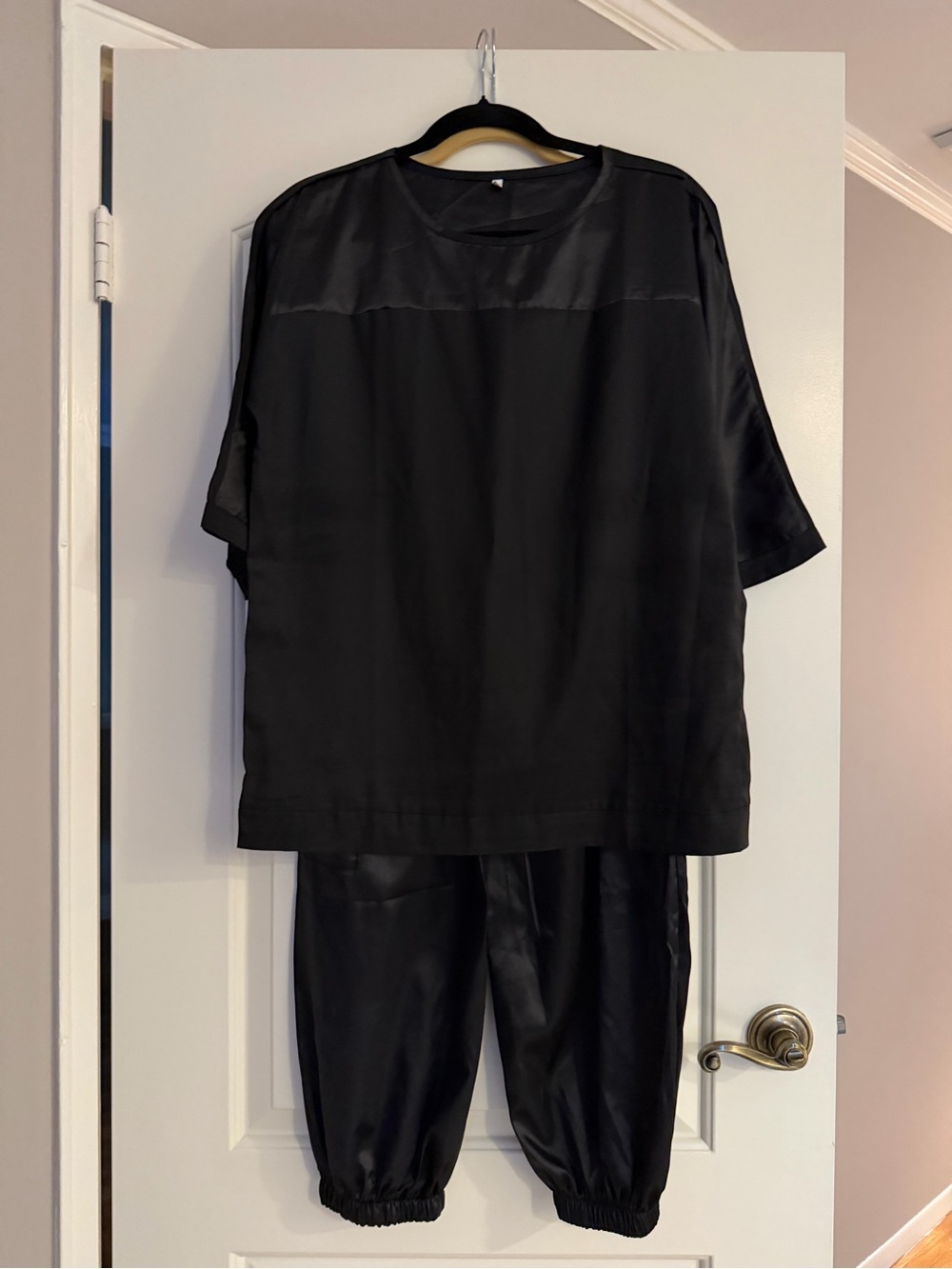 Black Women's Satin-Trim Jogger Set
